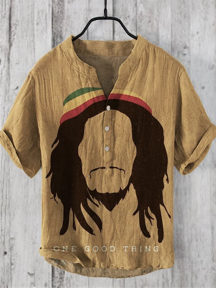 Reggae One Good Thing Art Print Linen V-Neck Shirt
