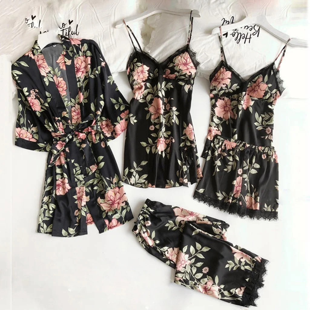 Uveng Printed Pajamas Women's Slings Aja Skirt Loose Comfortable Lace Five-Piece Homewear Lingerie Pyjamas Bathrobe Set