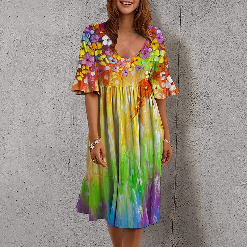 Casual Flared Sleeve Gradient Print Dress