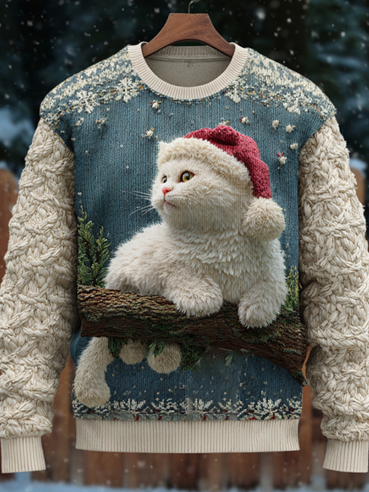 Christmas 3d Embroidered Cat Round Neck Sweater elevenforest