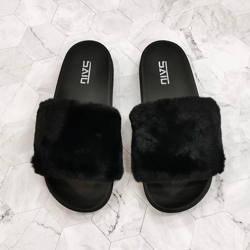 Qengg One Drop Plush Women Slippers Female Wear-resistant Flat Plush Shoes Fur Slides Woman Indoor Furry Home Slippers