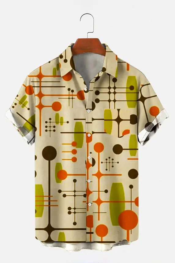 Tiboyz Beige Geometric Short Sleeve Shirt