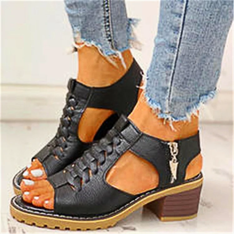 Women's Peep Toe Woven Leather Crossover Block Heel Sandals