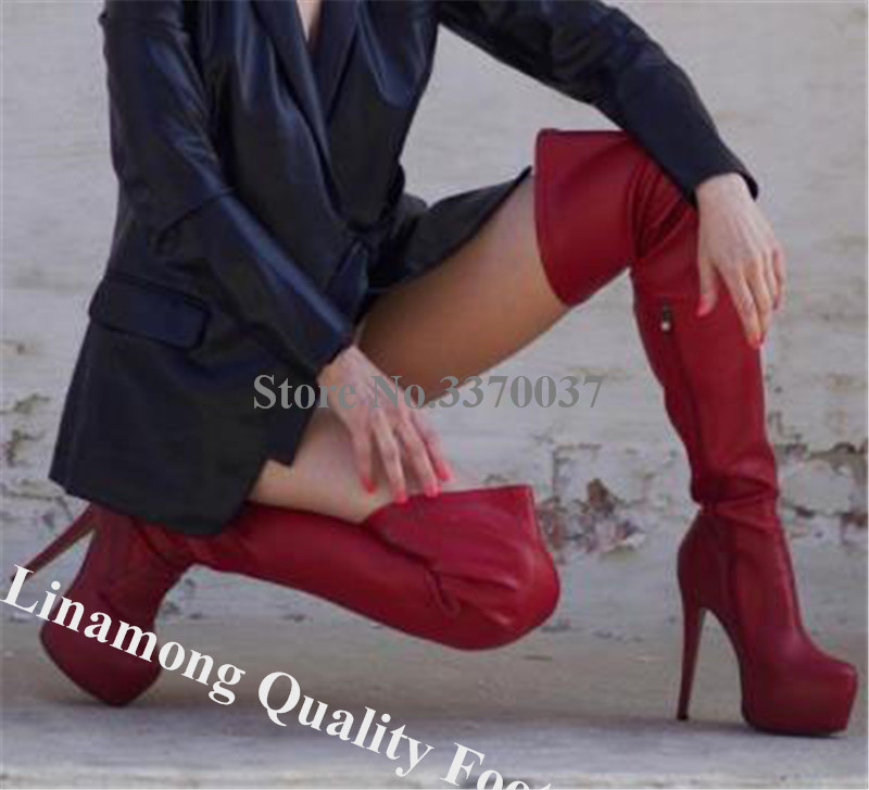 VCSHOES Women Fashoin Round Toe Over Knee Platform Boots White Red Matte Leather Thigh High Thin Heel Long Boots Big Size