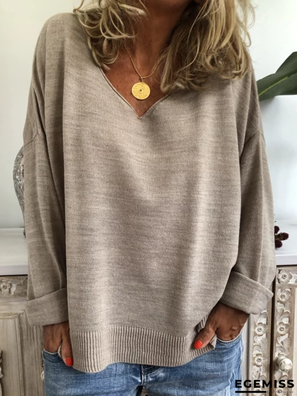 Beige Knitted Long Sleeve Casual Plus Size Sweater | EGEMISS