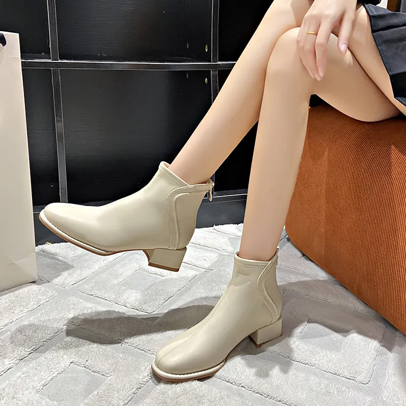 Churchf Autumn And Winter New Korean Version Of Fashion Short Boots Women Round Head Thick With High Heel Rear Zipper Martin Boots Women