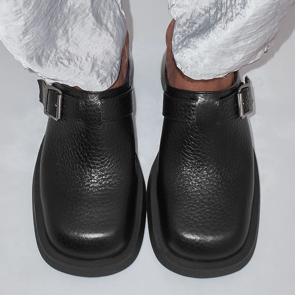 Black Closed Toe Block Heel Buckled Slip On Mule Shoes for Women