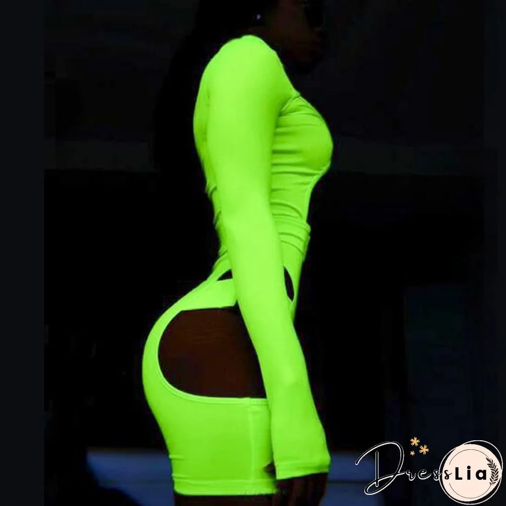 Women's Shorts Fluorescent Green Long Sleeve Jumpsuit