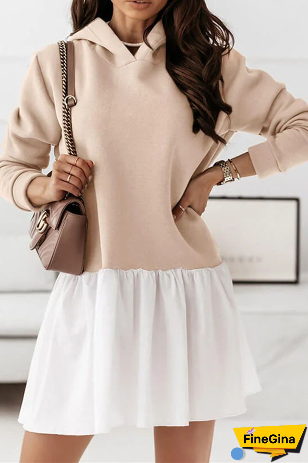 Fashion Casual Patchwork Fold Contrast Hooded Collar A Line Dresses