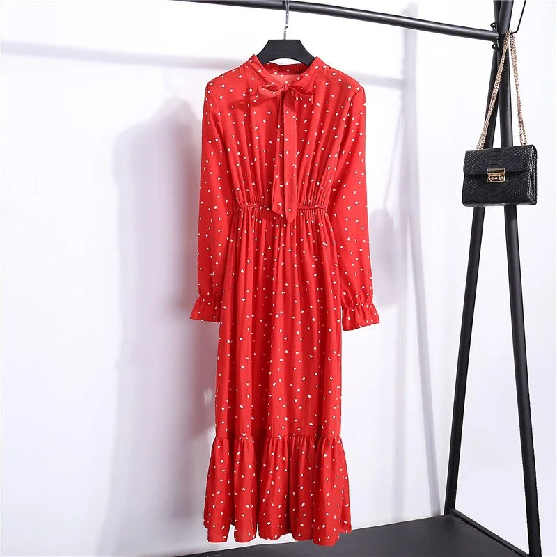 Autumn Chiffon Shirt Dresses Long Sleeve Polka Dot Plaid Office Vintage Dress 2022 Women Summer Casual Midi Floral Dress Vestido