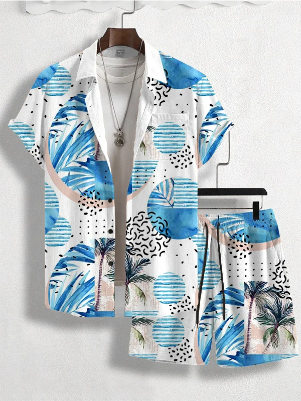 Men's Tropical Seaside Palm Trees Watercolor Art Print Short Sleeve Shirt Set