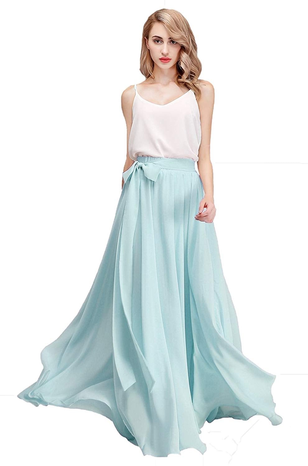 Chiffon Maxi Skirt Bridesmaid Dresses Long High Waist Floor Ankle Length Elastic Women Dresses with Belt