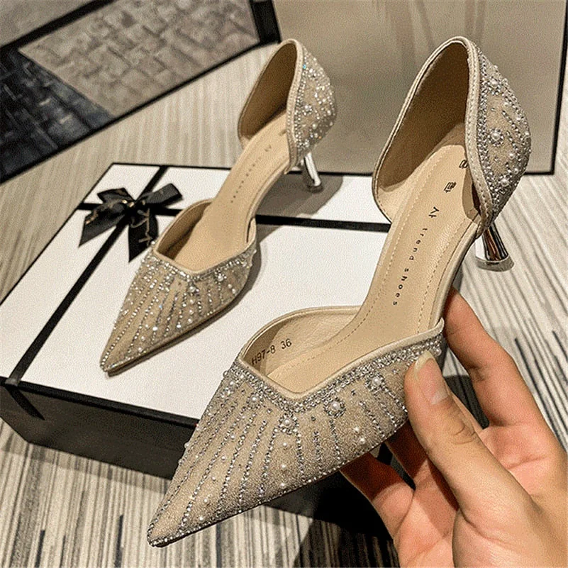 Meotina Women Two-Piece Shoes Thin High Heels Pointed Toe Pumps Elegant String Bead Crystal Party Ladies Footwear Autumn Apricot