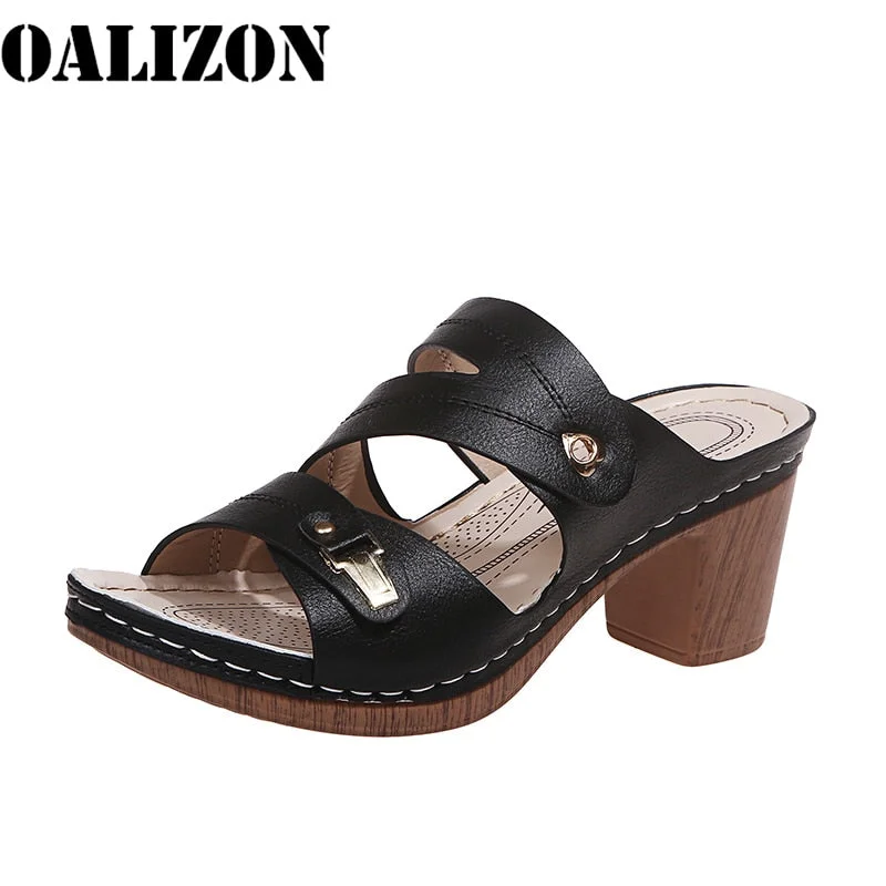 Women Summer New 2021 Gladiator Sandal Slippers Shoes Woman Sewing Mid Chunky Heels Lady Female Flip Flops Sandals Dress Shoes