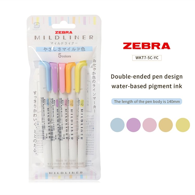JOURNALSAY Zebra 5Pcs/Set Mildliner Double-ended Highlighters Cute Soft Oblique Head Marker Pen