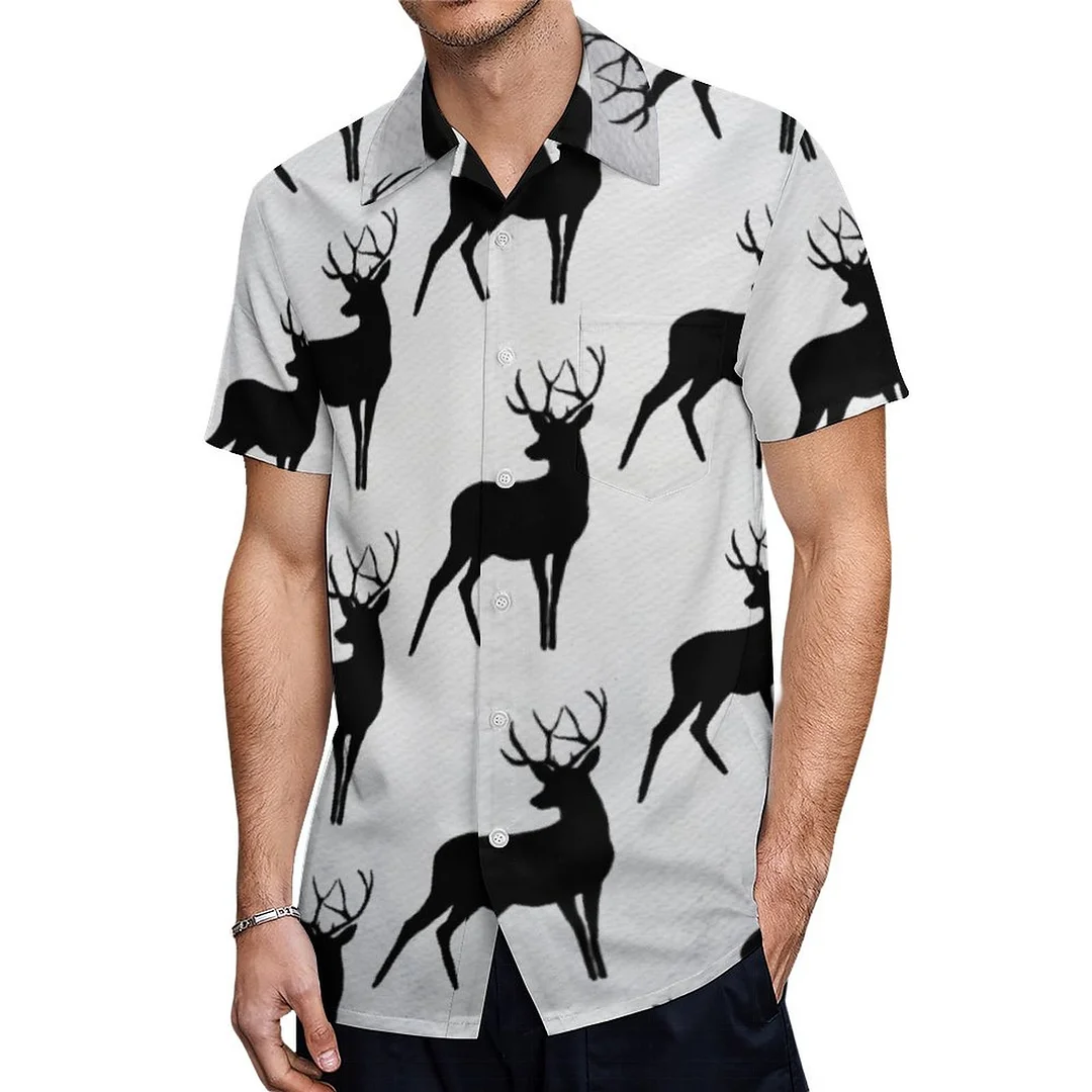 Deer With Antlers Black Silhouette Hawaiian Shirt Mens Button Down Plus Size Tropical Hawaii Beach Shirts
