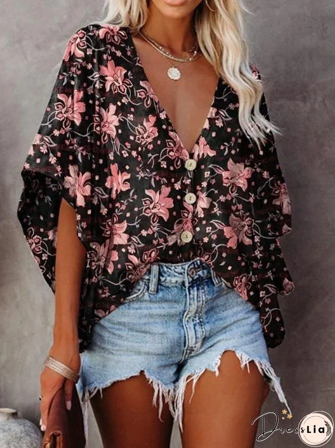 Fashion V-neck Bat Sleeve Floral Print Blouse