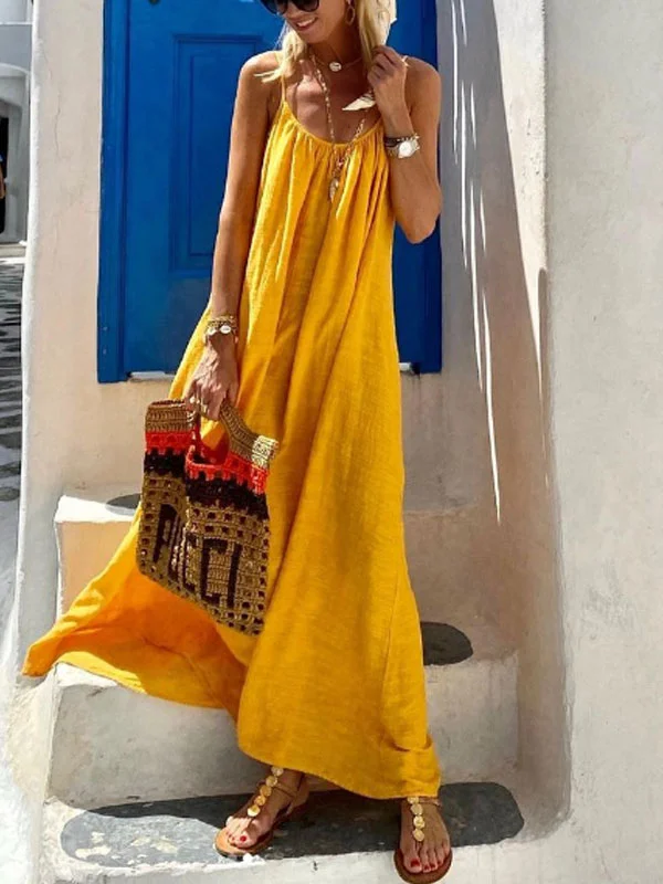 cotton and linen temperament halter backless ladies dress