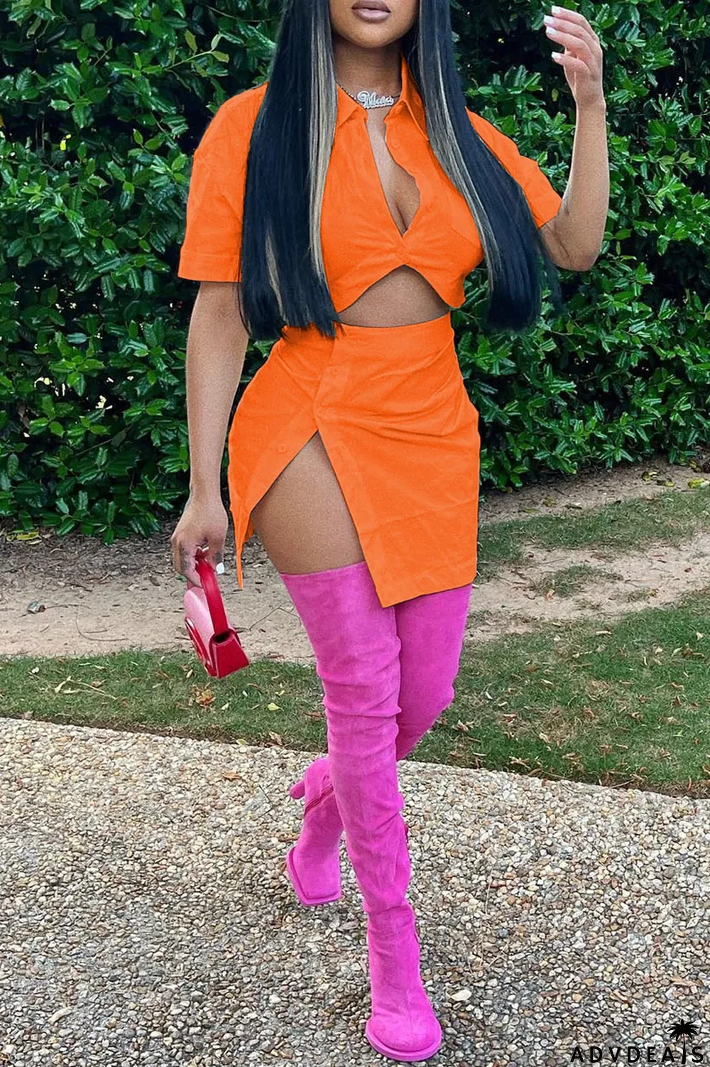 Red Fashion Casual Solid Split Joint Turndown Collar Short Sleeve Two Pieces