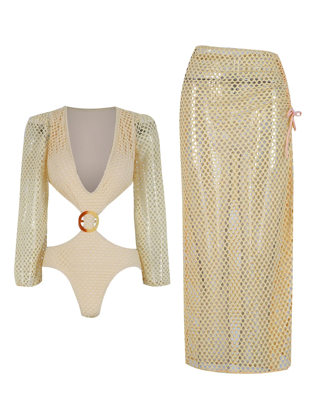 Billionm 2025 New Long-Sleeved Swimsuit Women's Half-Dress Two Sets Of Mesh Sexy Hollow