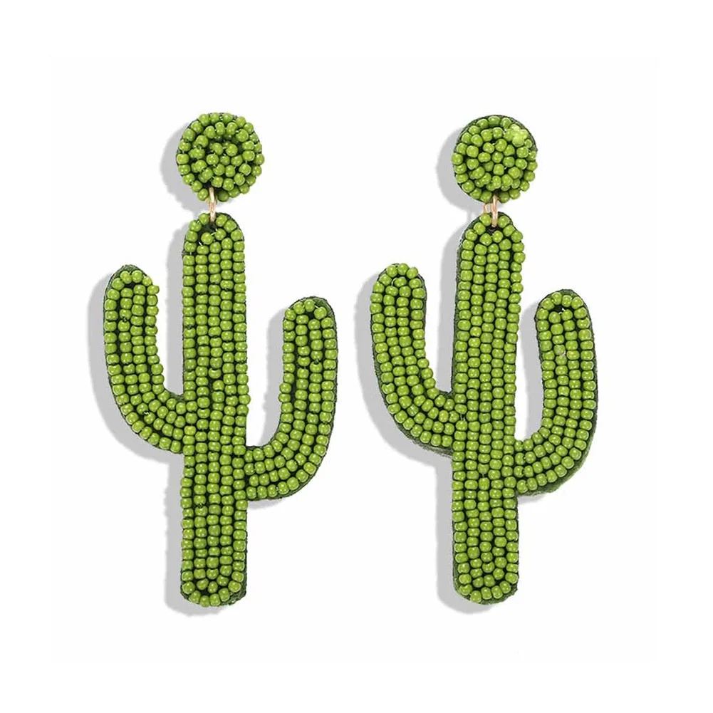 Dvacaman Cute Colorful Rhinestone Cactus Earrings for Women Boho Handmade Green Beaded Cactus Drop Dangle Earrings Jewelry Party