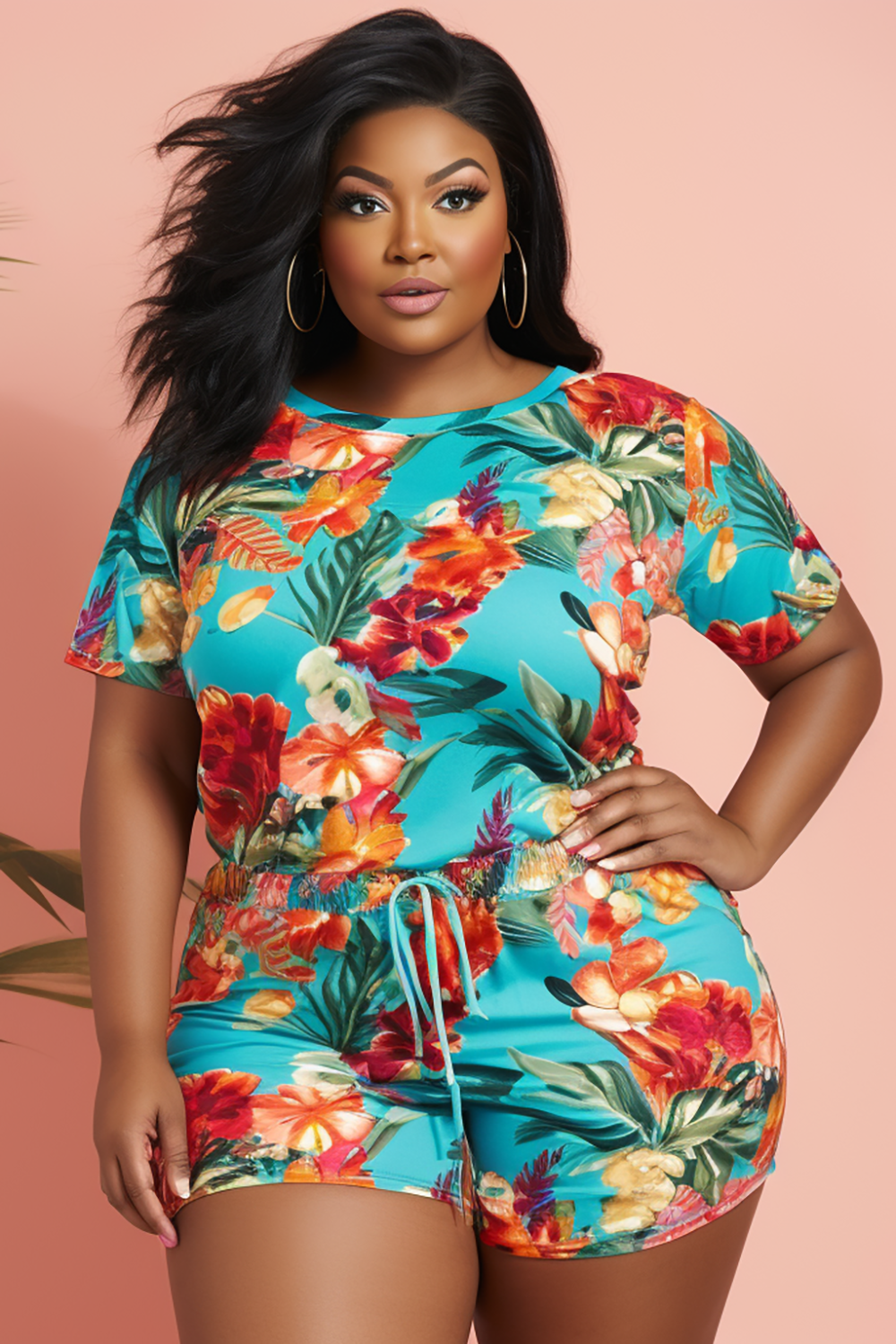 Design Plus Size Beach Blue Tropical Round Neck Short Sleeve Knitted Two Piece Short Sets [Pre-Order]
