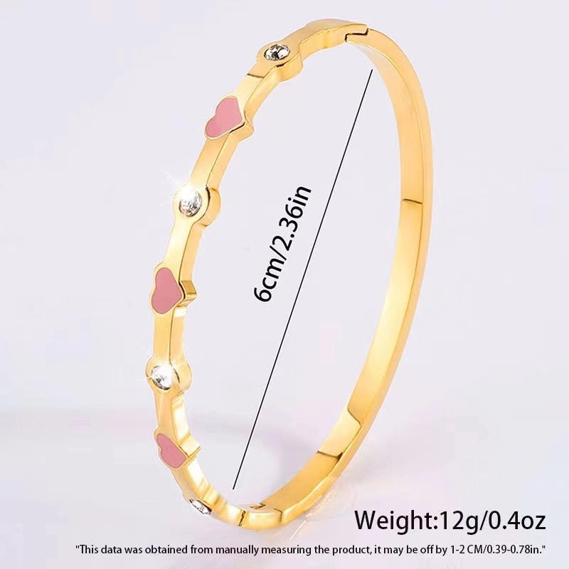304 Stainless Steel 18K Gold Plated Sweet Minimalist Enamel Inlay Heart Shape Rhinestones Bangle
