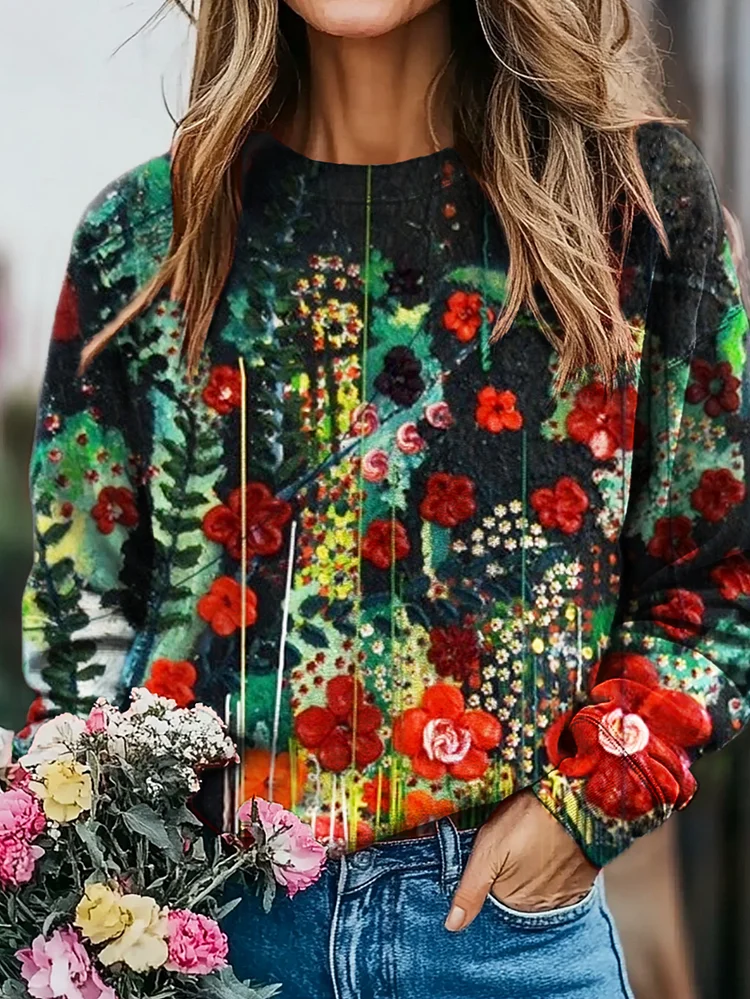 Women's Watercolor Flower Art Print Casual Crew Neck Sweatshirt