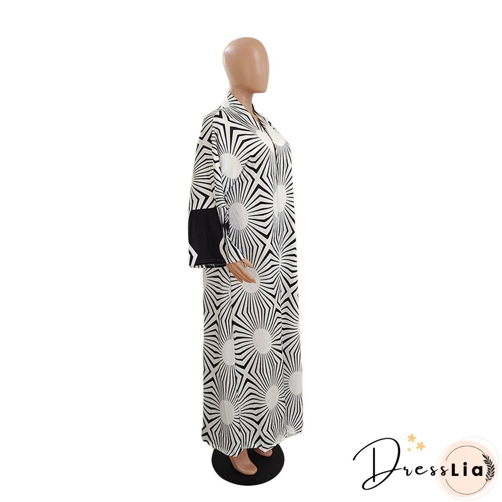 Printed Long Sleeve Open Front Long Cardigan Tops