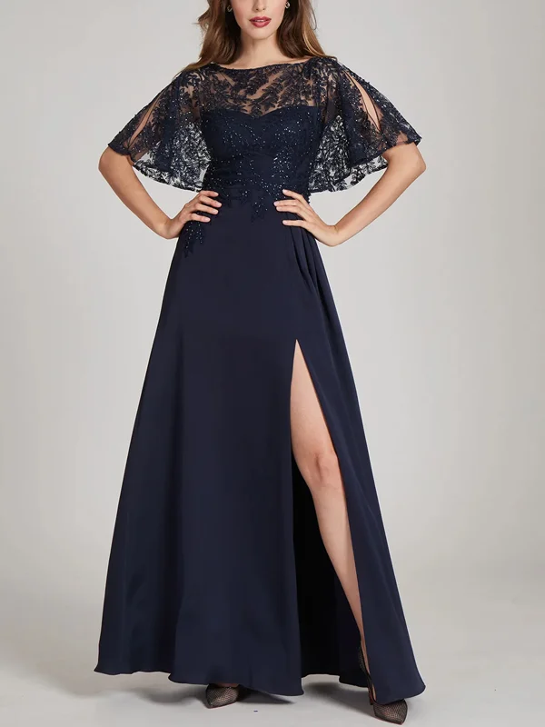 Sheer Sequined Bodice Crepe Gown Maxi Dress