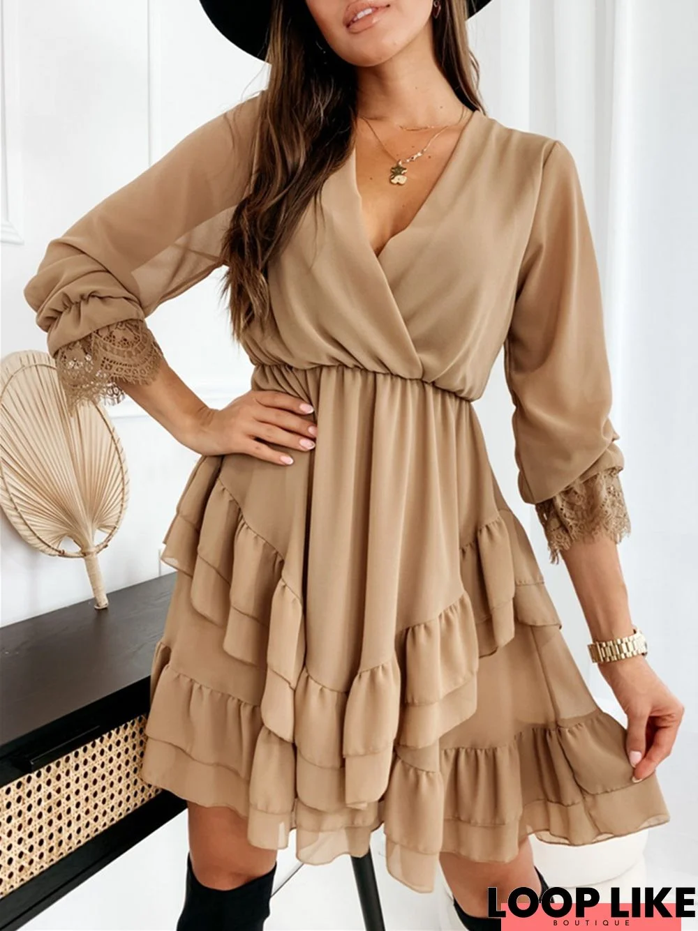 Long Sleeve V-Neck Ruffle Chiffon Dress