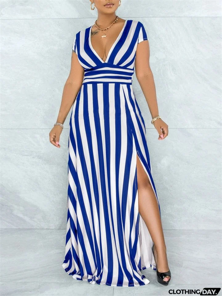 Fashion Sexy Stripe Deep-V Split Dresses
