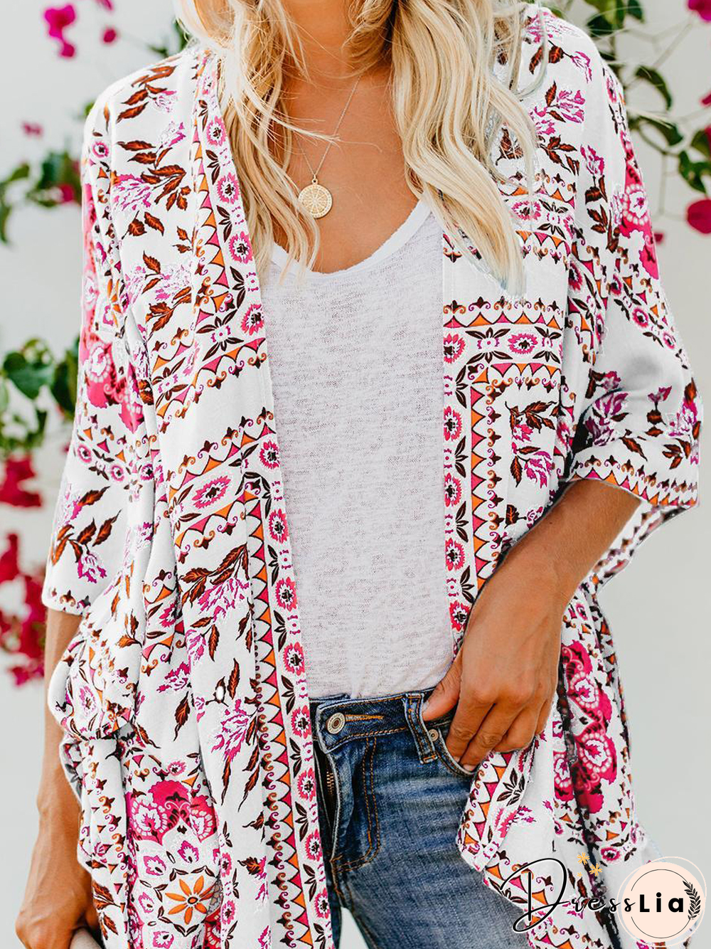 Boho Geometric Tribal Floral Collarless Off Shoulder Loosen Cardigan