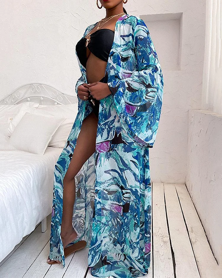 Lace-up printed loose beach cardigan