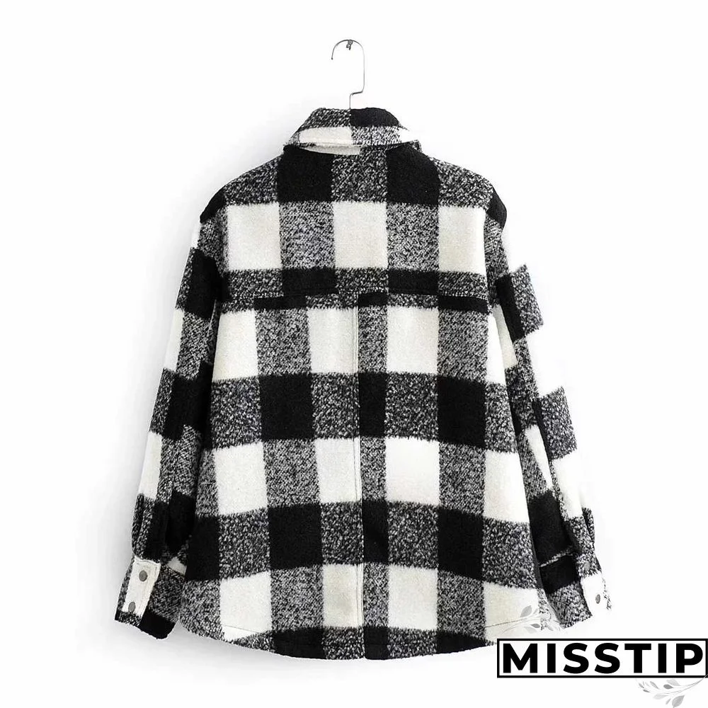Classic Thick Colorblock Checked Button Down Shirt Jacket Woolen