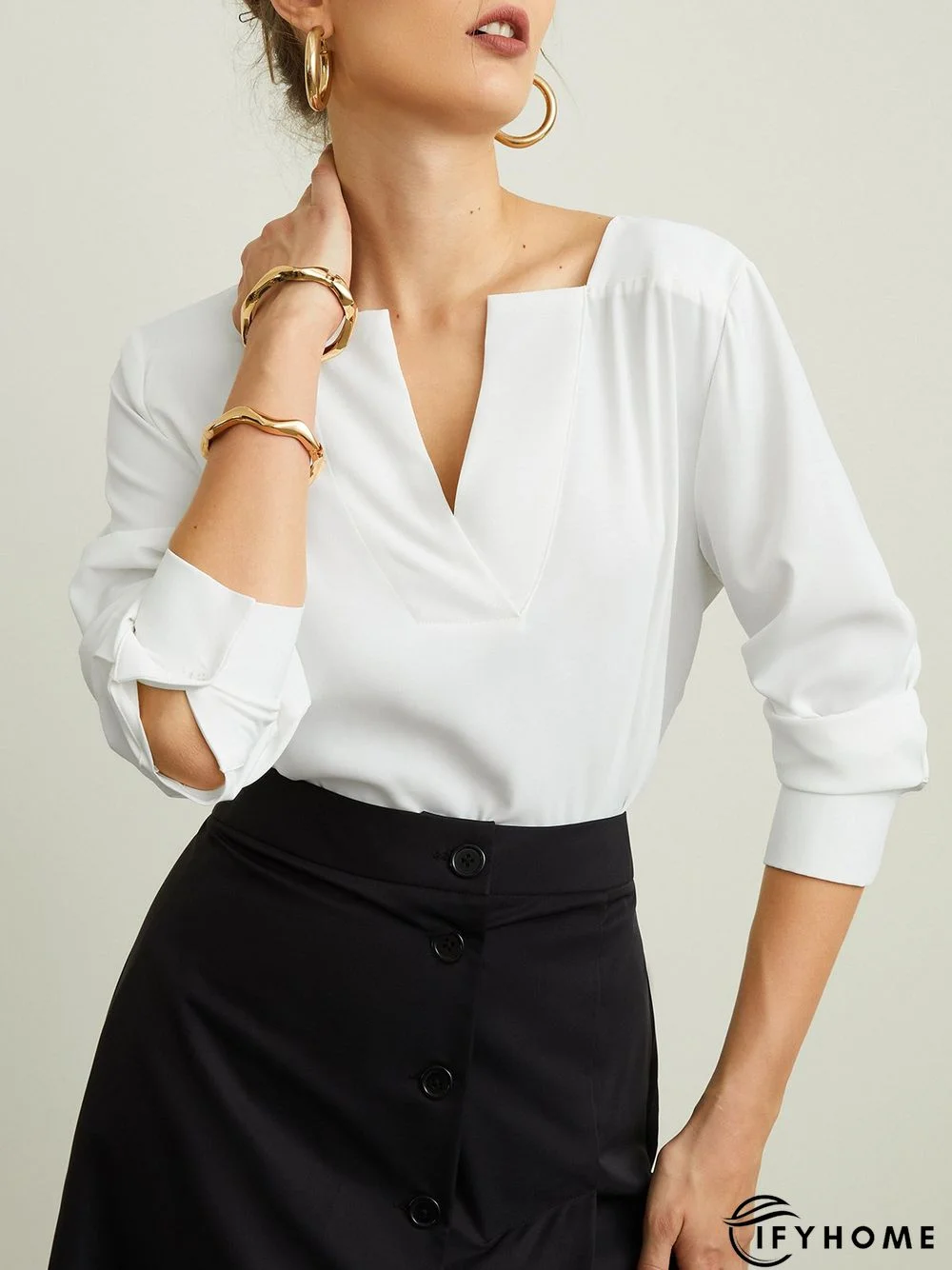 White Daily Long sleeve Plain V Neck Simple Blouse | IFYHOME