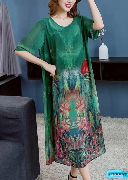 Women Green O Neck Print Patchwork Chiffon Dress Summer