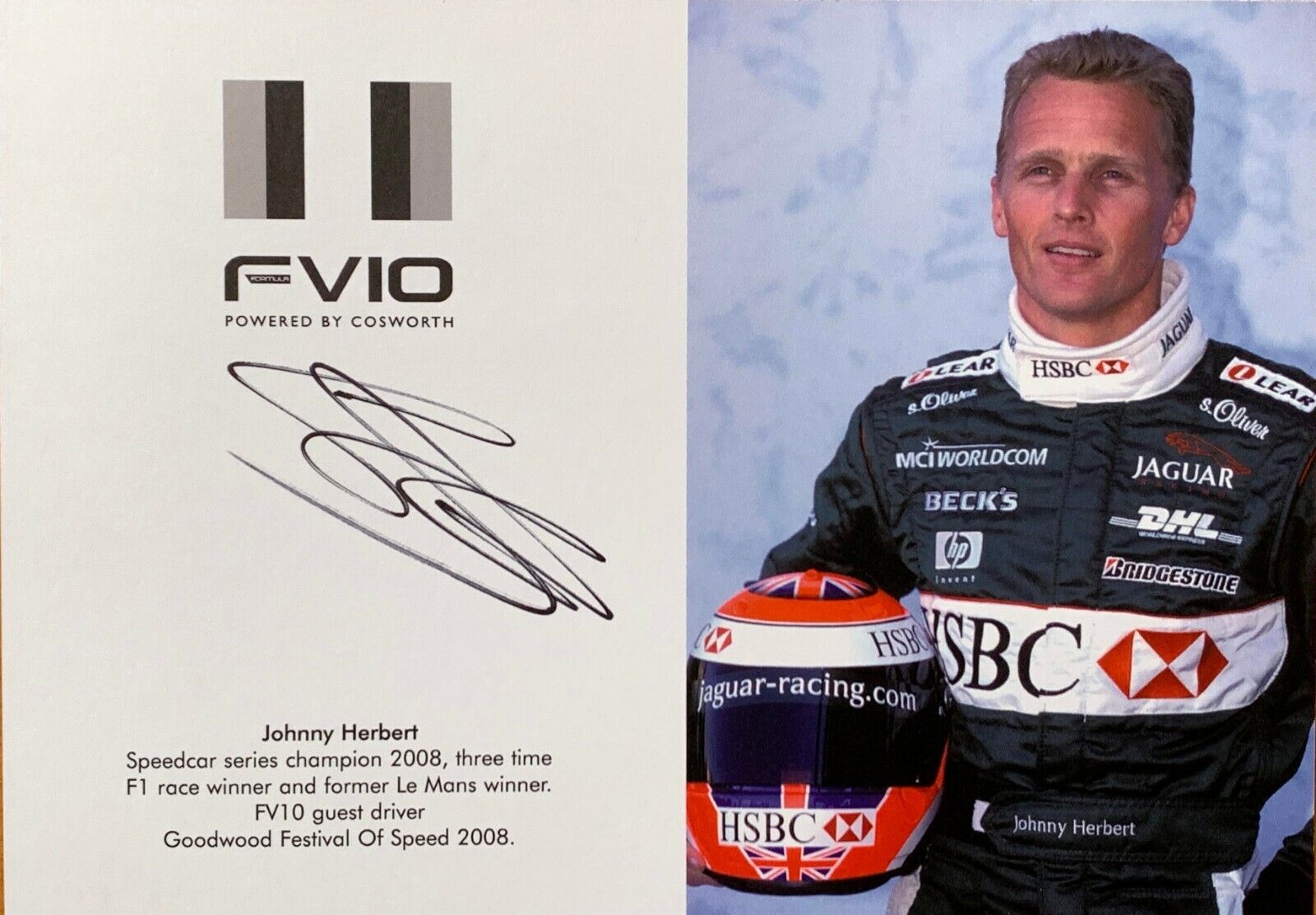 Johnny Herbert FV10 Cosworth Autograph Hand Signed Jaguar Formula 1 Le Mans