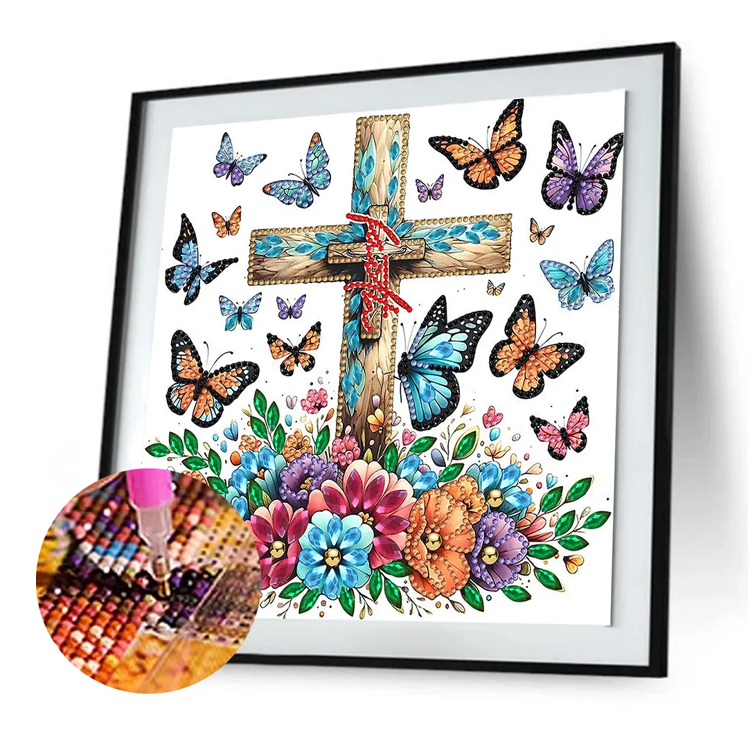 Diamond Painting - Partial Special Shaped Drill - Butterfly Cross(Canvas|30x30cm)