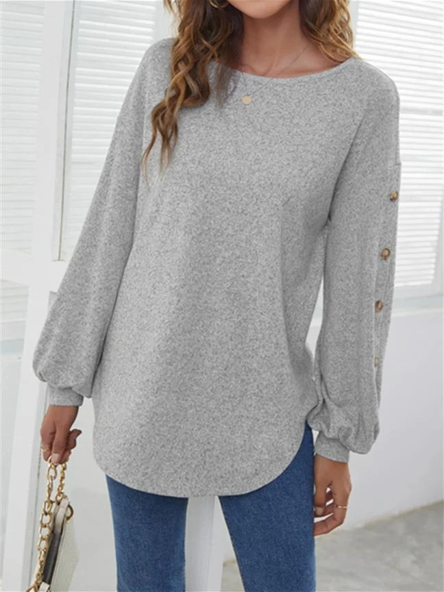 Women Long Sleeve Scoop Neck Solid Color Cotton Tops