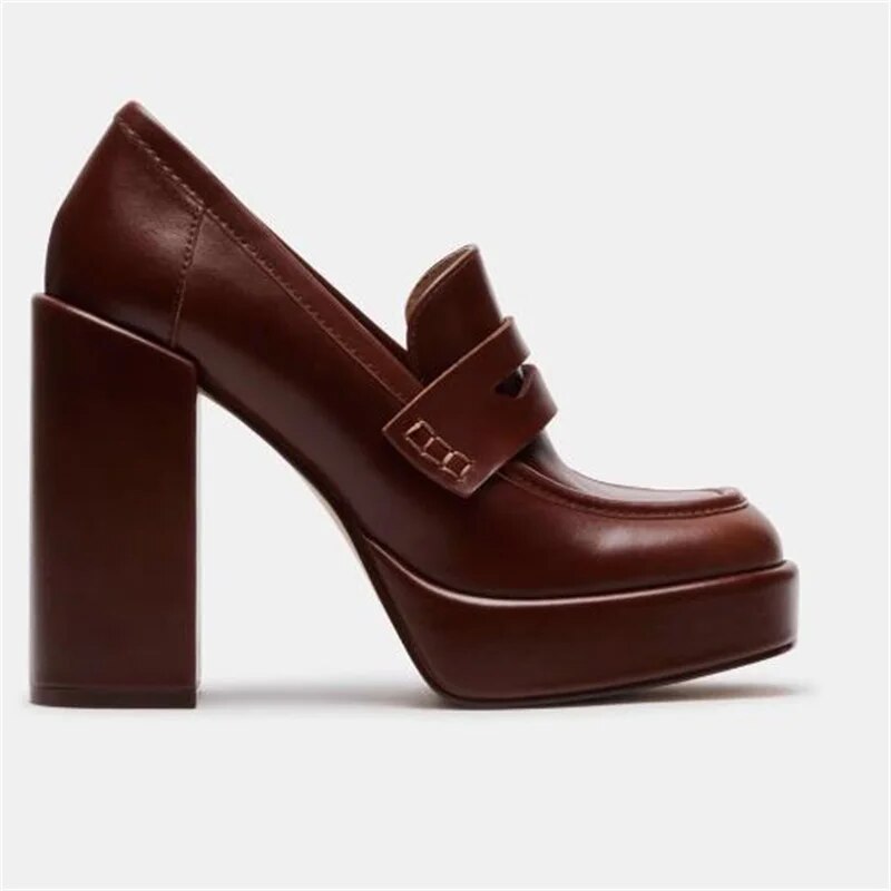 VCshoes Platform Shoes For Ladies Square Toes Women's Sewing Lines Churry High Heels Leather Tacones Velvet Female Loafers Zapatos Mujer