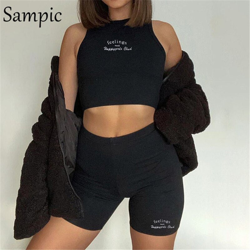 Sampic Fashion Summer 2021 Sexy Women Sport Tracksuit Shorts Set Letter Print Tops And Bodycon Mini Biker Shorts Two Piece Set