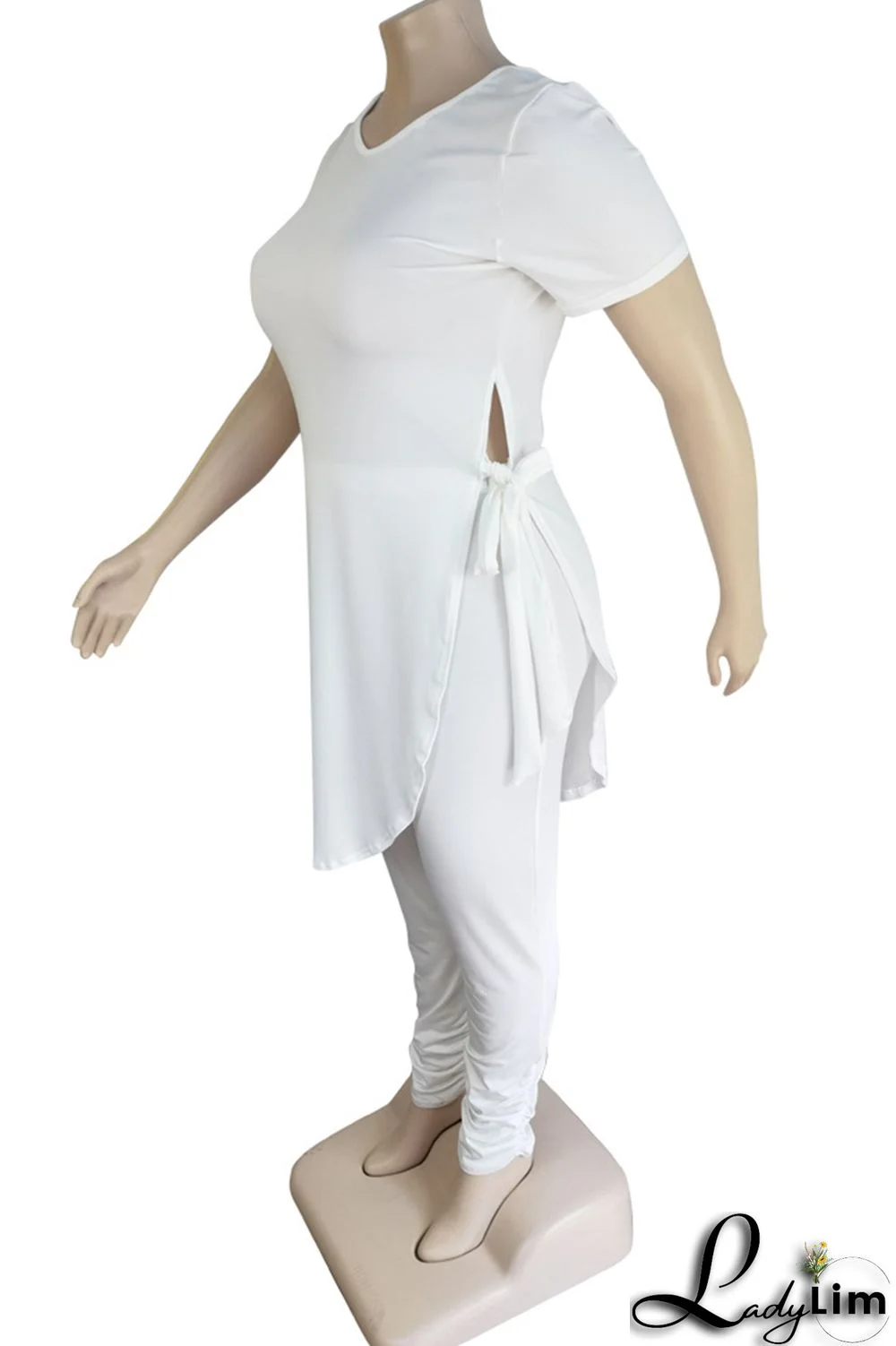 Black Fashion Casual Solid Bandage Slit Asymmetrical O Neck Plus Size Two Pieces