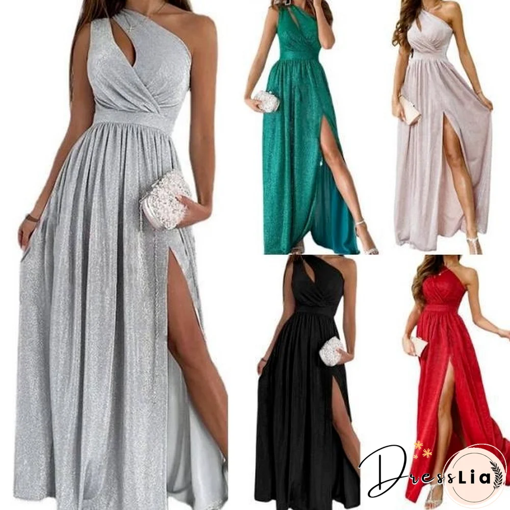 Elegant Hollow Split Chic Sexy Dresses Women Summer Dress New Sloping Shoulder Sleeveless Sparkling High Waist Long Dress
