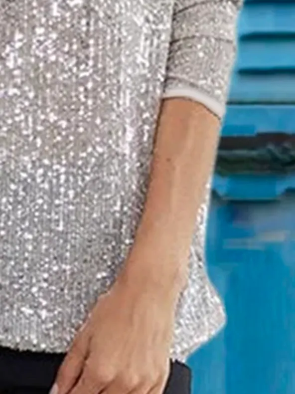 Crew Neck Casual Plain sequins Tops