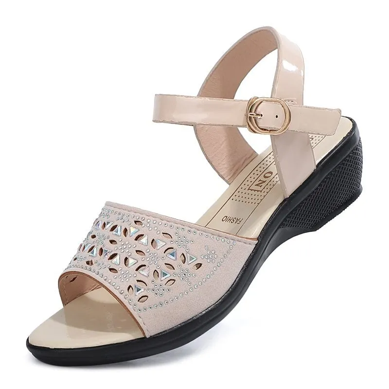 Womens Crystal Wedge Sandals Summer 2022 Ankle Strap Platform Shoes Woman Hollow Out Open Toe Comfortable Sandalias Mujer