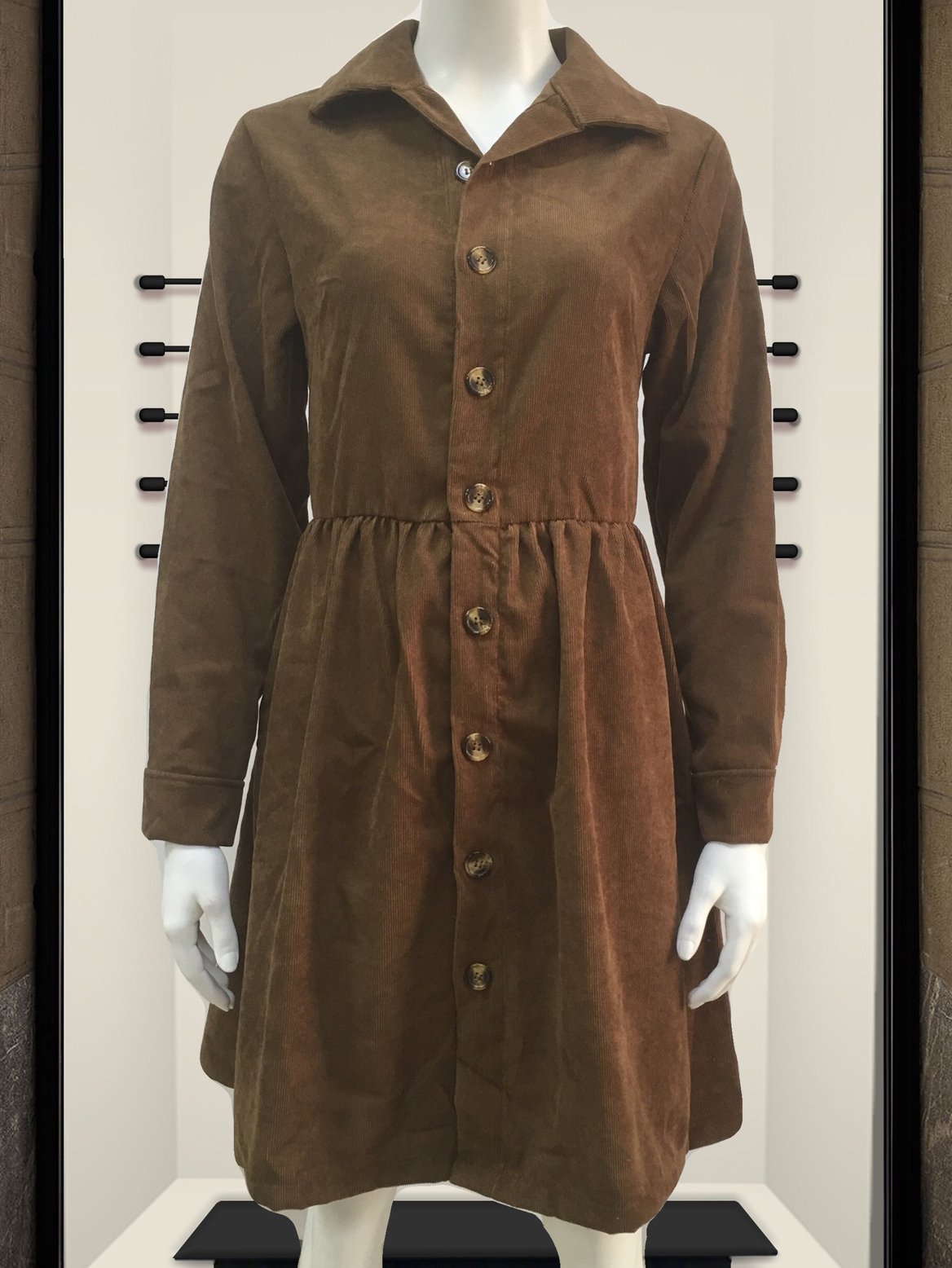 Women Long Sleeve V-neck Button Midi Dress