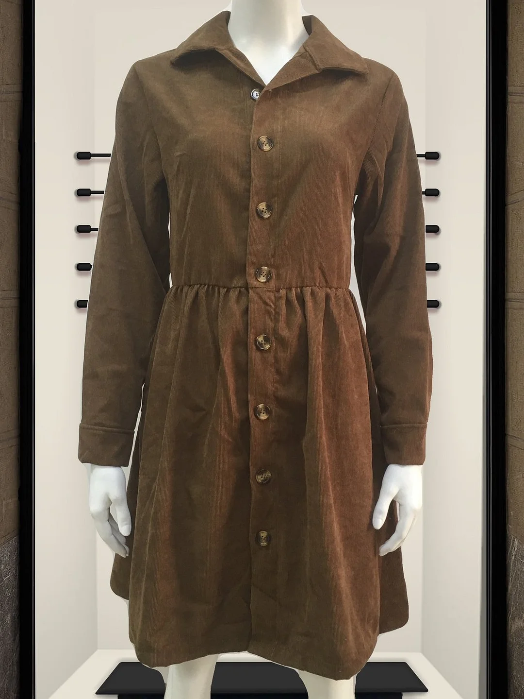 Women Long Sleeve V-neck Button Midi Dress