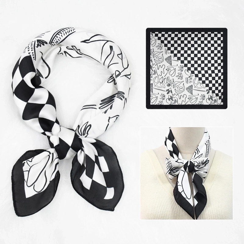 2 Pieces Women’s Elegant Plaid Flower Horse Satin Silk Scarf