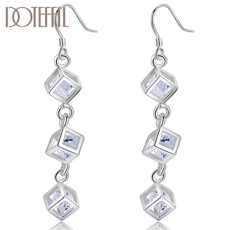 DOTEFFIL 925 Sterling Silver Square Cubic Zircon Drop Earrings For Women Jewelry